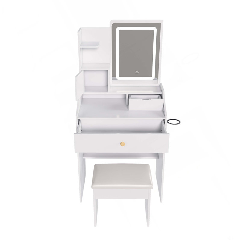 3-Color LED Vanity Mirror With Stool, Dressing Table For Bedroom, 2 Drawers & 5 Storage Cabinets (4 Open + 1 Hidden), Adjustable Lighting