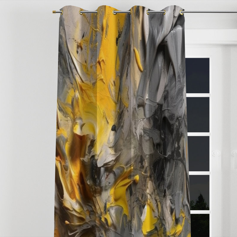 Mustard Yellow And Vivid Gray V - Abstract Velvet Grommet Curtain - 1 Panel, 52" W x 120" L, Golden Grommets
