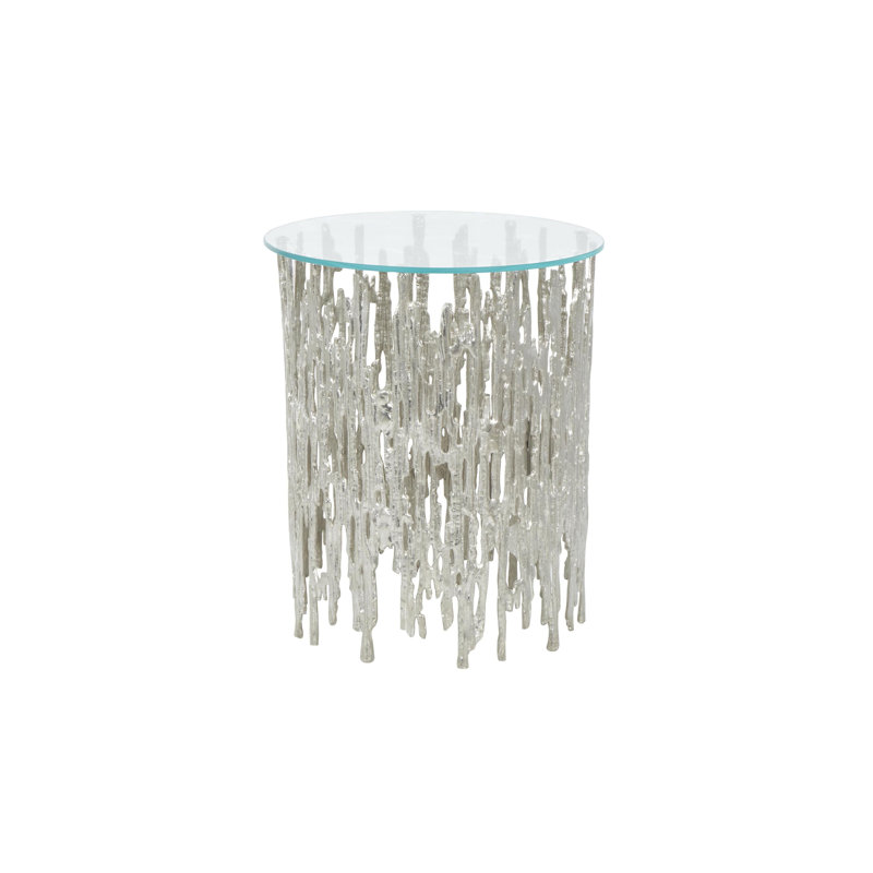 Khiree Aluminum Metal Metallic Cutout Abstract Side End Silver Accent Table with Glass Tabletop