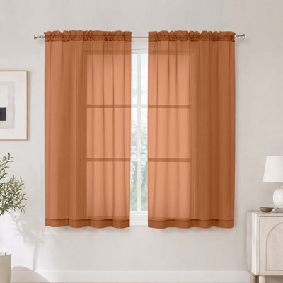Orange Short Sheer Curtains 45 Inch Length for Small Windows, Rod Pocket 2 Panels Set Solid Voile Drapes Window Sheer Curtains for Bedroom Bathroom Kids Room Kitchen, 42x45 Inch, 2pcs