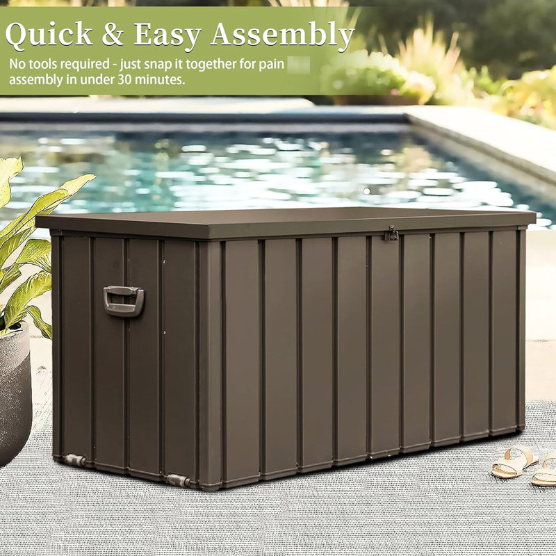 Lockable Outdoor Storage Box - 120 Gallon, Dark Brown, Fade- Gallon Waterproof Bin For Patio & Garden