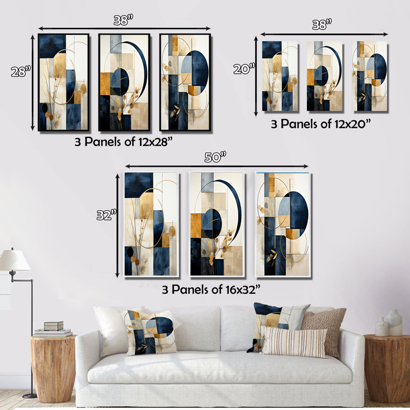 Ensemble d'art mural géométrique bleu marine, ensemble moderne 3 pièces - Simplicité organique, géométrie minimale bleu marine III