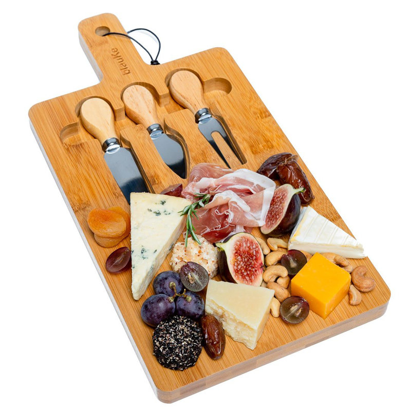  Bamboo Cheese Board and Cheese Cutting Tools - 32x20cm Charcuterie Board with Magnetic Cutlery Storage - Wood Serving Tray