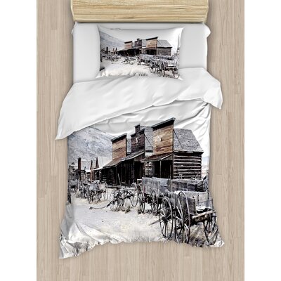 Western Old Wooden Wagons from 20's in Ghost Town Antique Wyoming Wheels Art Print Duvet Cover Set -  Ambesonne, nev_23102_twin