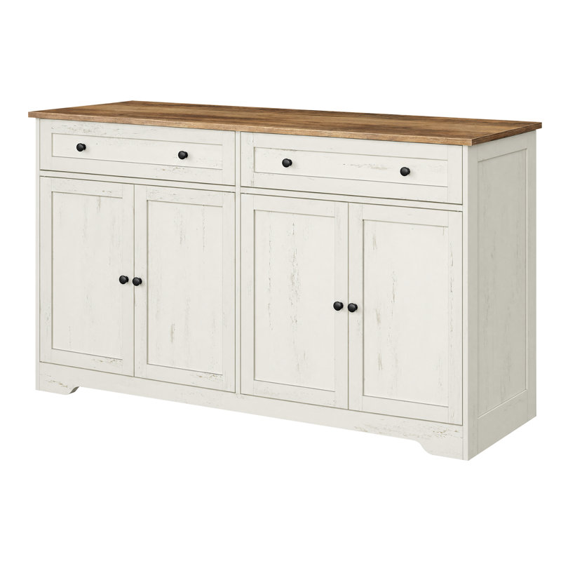 Buffet de 55 po de largeur avec 2 tiroirs, tablettes réglables et 4 portes, Blanc