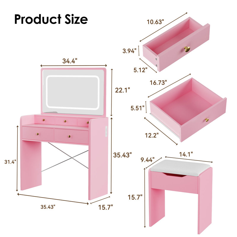 Ensemble de coiffeuse avec miroir, lumières à DEL et coiffeuse avec prise de courant et 5 tiroirs pour le vestiaire de la chambre à coucher, rose