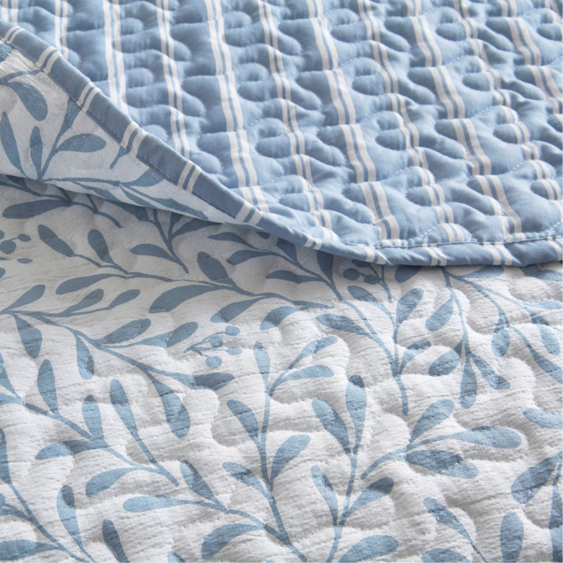 3-Piece Full/Queen Print Quilt Set, White+Blue