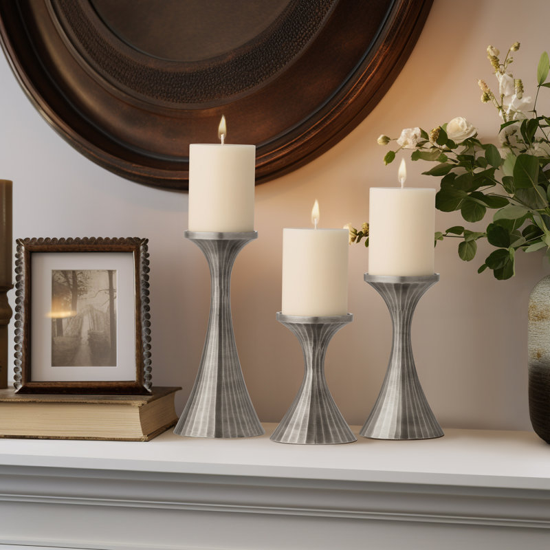Set of 3 Aluminum Handmade Decorative Pillar Candle Holders (Pewter), Pewter
