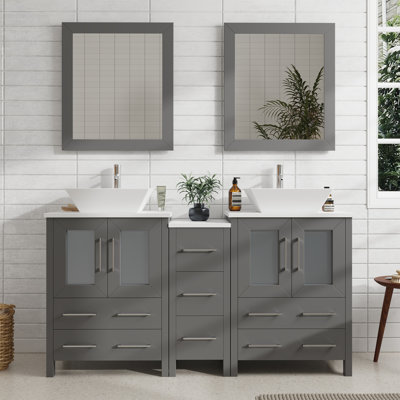Mehara 60'' Double Bathroom Vanity with Engineered Marble Top with Mirror