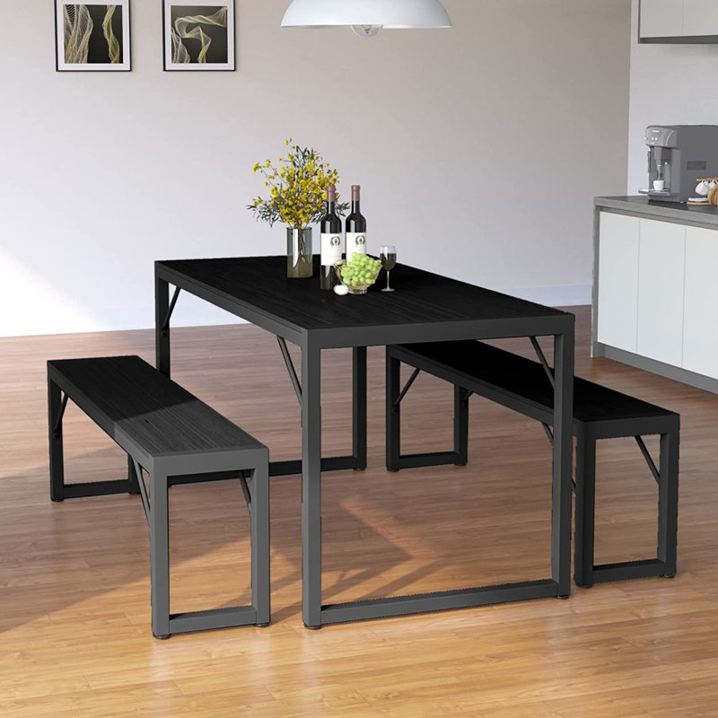 Ezzah 3 - Piece Dining Set, Dining Table with 2 Benches for 4, Black/Black