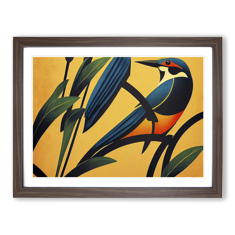 Art Deco Kingfisher - Single Picture Frame Print, 46cm H x 64cm W x 2cm D, Walnut Framed