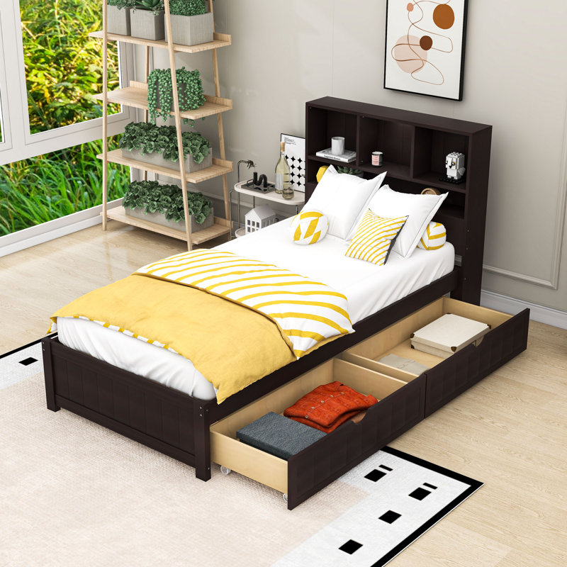 Lit plateforme en bois avec tête de lit bibliothèque et veilleuse, Simple, Espresso