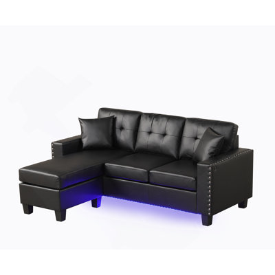 74"W Black PVC Reversible Sectional Sofa Chaise With LED Light, USB Port, Nailhead Trim, Throw Pillows, Tufted Cushion
