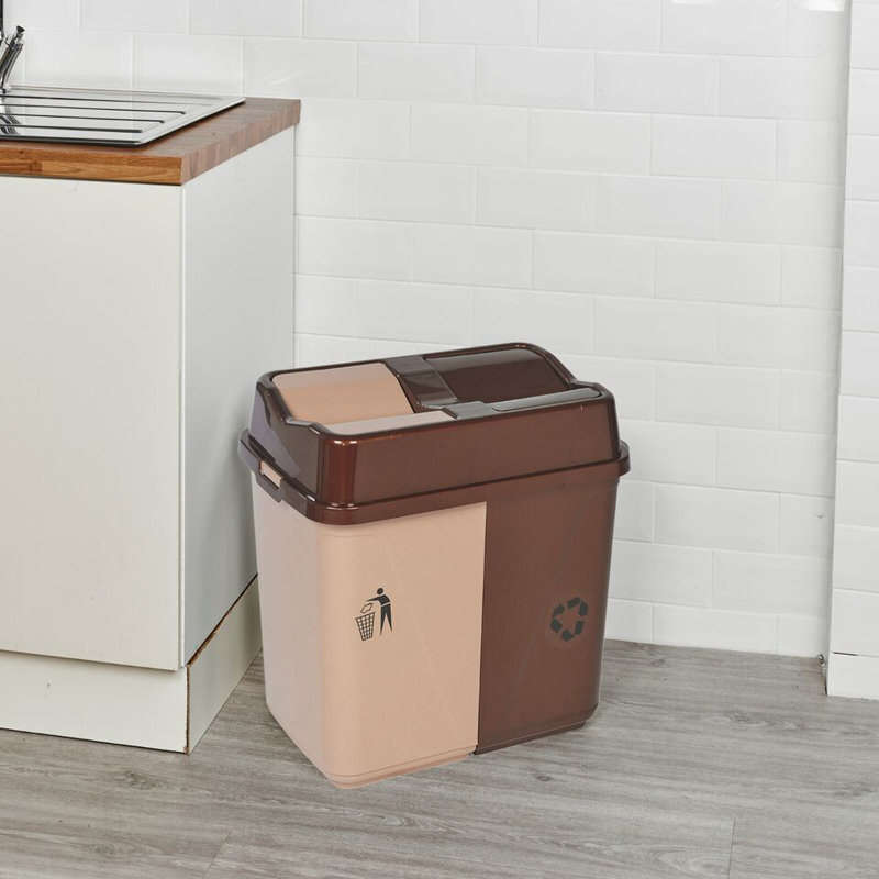 Plastic Kitchen Trash Can, Brown/Beige, 60L