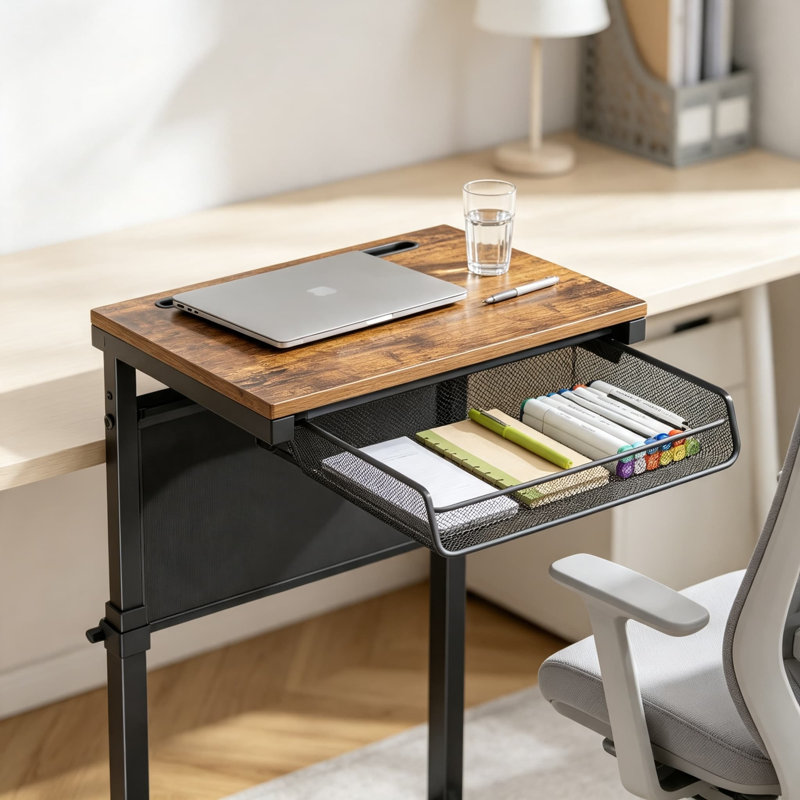 Table d'appoint en forme de C avec station de charge, table de bout à hauteur réglable pour canapé et lit, brun rustique avec sac de rangement
