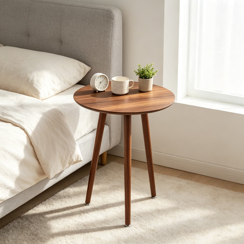 Table d'appoint ronde à trois pieds, table de bout en bois pour le salon, la chambre à coucher et le balcon, table de chevet moderne de style Mid-Century avec patins réglables antidérapants, finition noyer facile à nettoyer
