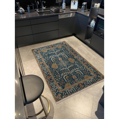 Blue Yellow Themed Traditional Motif Floral Patterned Vintage Decorative Carpet