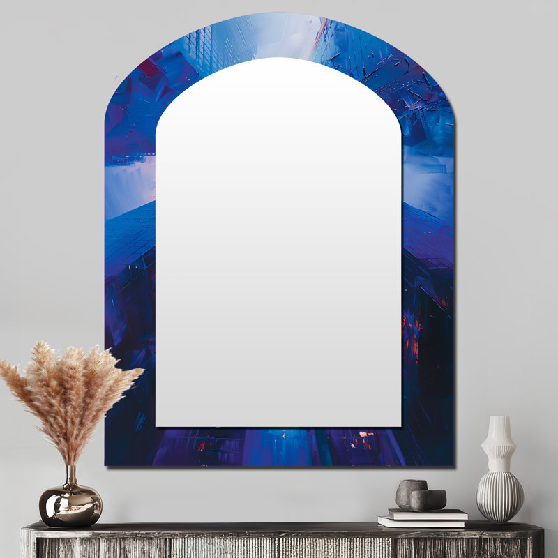 Blue perspective skyscrapers symphony I - Miroir mural asymétrique unique, art industriel, 43 po x 33 po