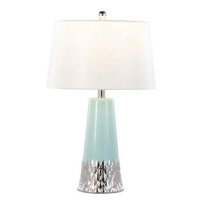 Lampe de table contemporaine en céramique 22 pouces avec corps bleu foncé et argent et abat-jour blanc