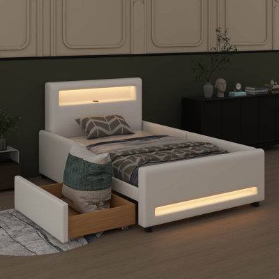 Twin-Scale Padded Platform Bed Equipped With Drawer, LED Strip Lighting, And USB Functionality