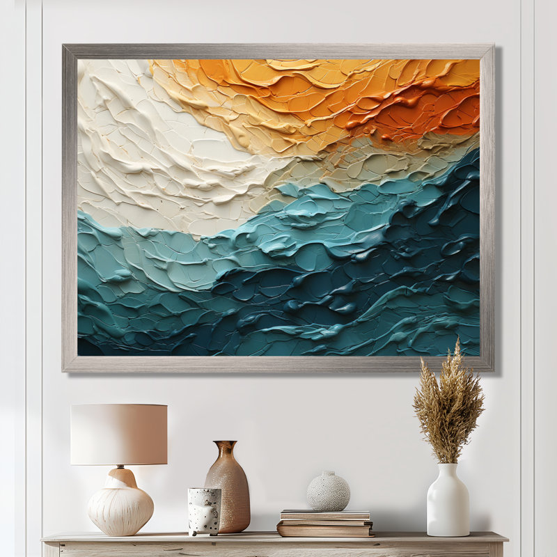 Collage bleu sarcelle orange océan Essence, Cadre simple argenté, H 24 po x l 32 po x P 1 po