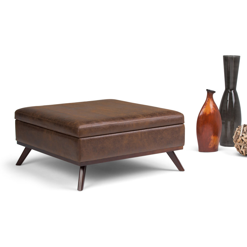 Repose-pieds capitonné carré Mid-Century avec détails capitonnés Owen, Similicuir brun châtaignier vieilli