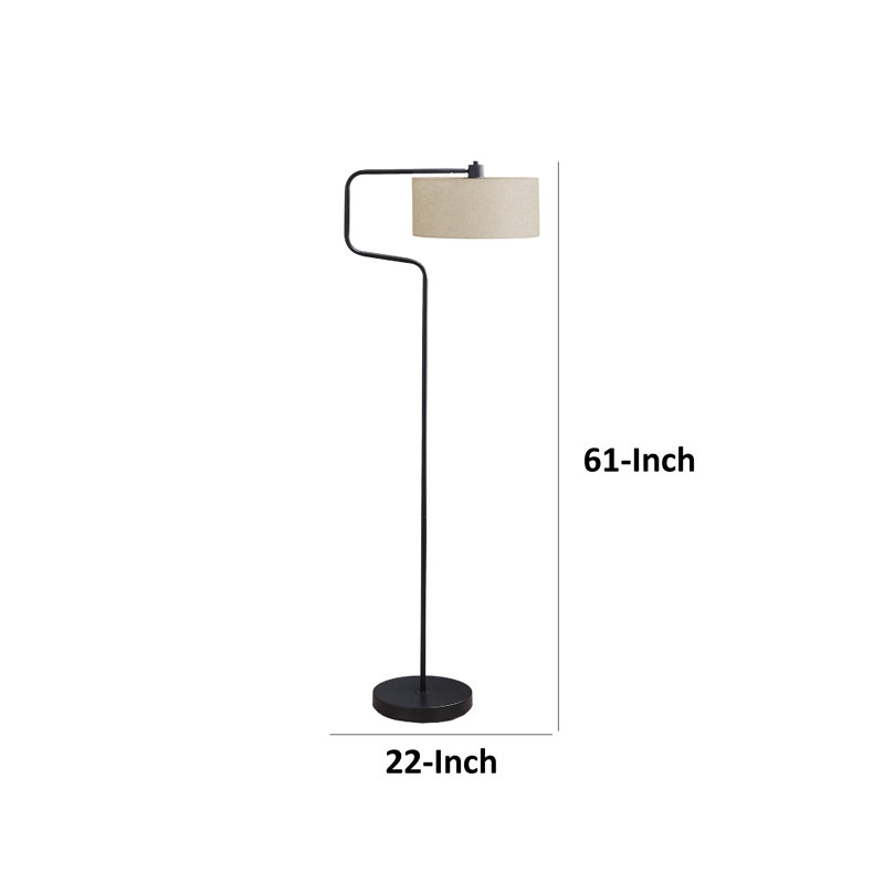Orion Floor Lamp, Arched C-Shaped Arm, Beige Drum Shade, Black Metal