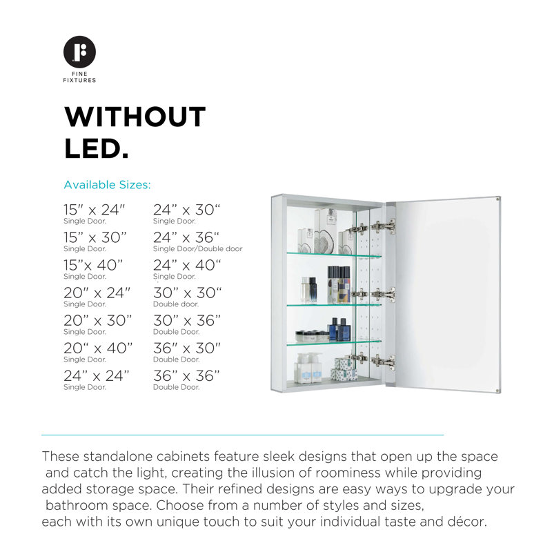 FINE FIXTURES Aluminum Frameless Recessed or Surface Mount Medicine Cabinet with 165° Soft-Close Hinges and Adjustable Glass Shelves