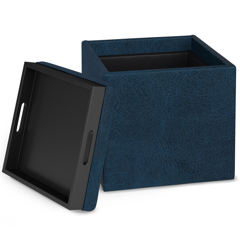 Rockwood 17"W Upholstered Vegan Leather Contemporary Square Storage Cube Ottoman with Flip-Over Tray, Assembled