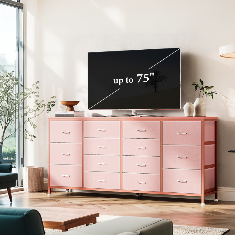  Long 14 Drawer Dresser TV Console, Power Outlets, 63” Storage Chest for Bedroom, Pink