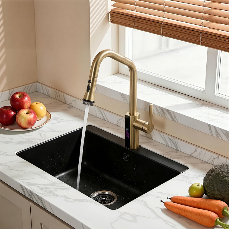 Robinet de cuisine rétractable avec brosse de nettoyage intégrée, affichage de la température à DEL, 3 modes de pulvérisation