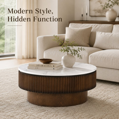 Table basse ronde à plateau relevable avec rangement caché, plateau en marbre et base cannelée Caston, table de rangement moderne pour le salon Caston
