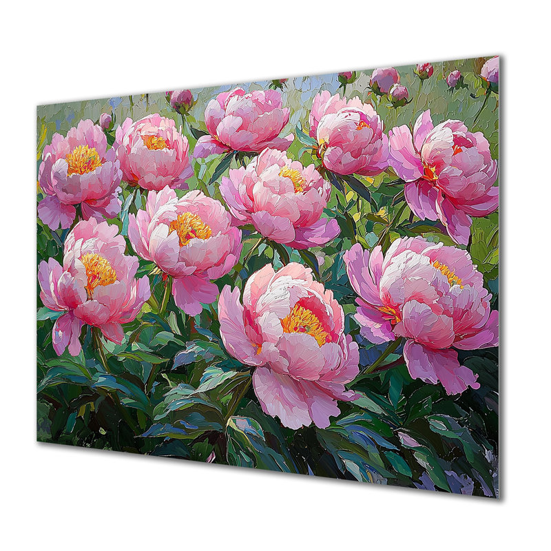 Pivoines le long des rangées de légumes - pivoines, art mural métallique traditionnel, H 16 po x l 32 po