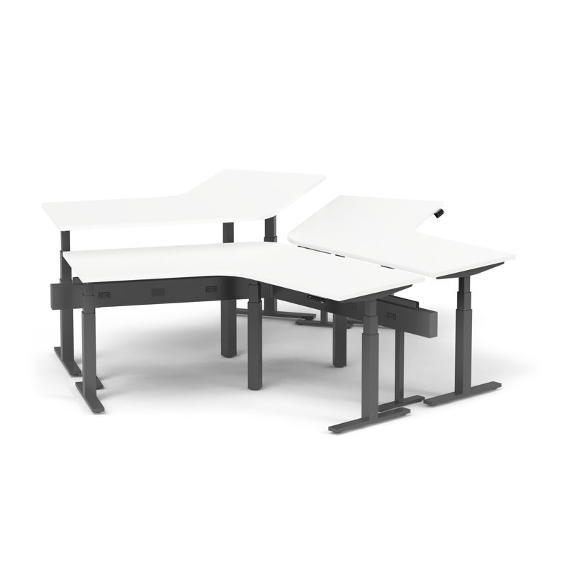 Series L Adj Ht 120 Desk For 3 + Boom Rail, White LPL, Charcoal/White