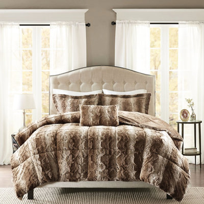 Faux Fur King Comforter , Soft, Warm, 4Pc King, Brown, Luxury, Soft