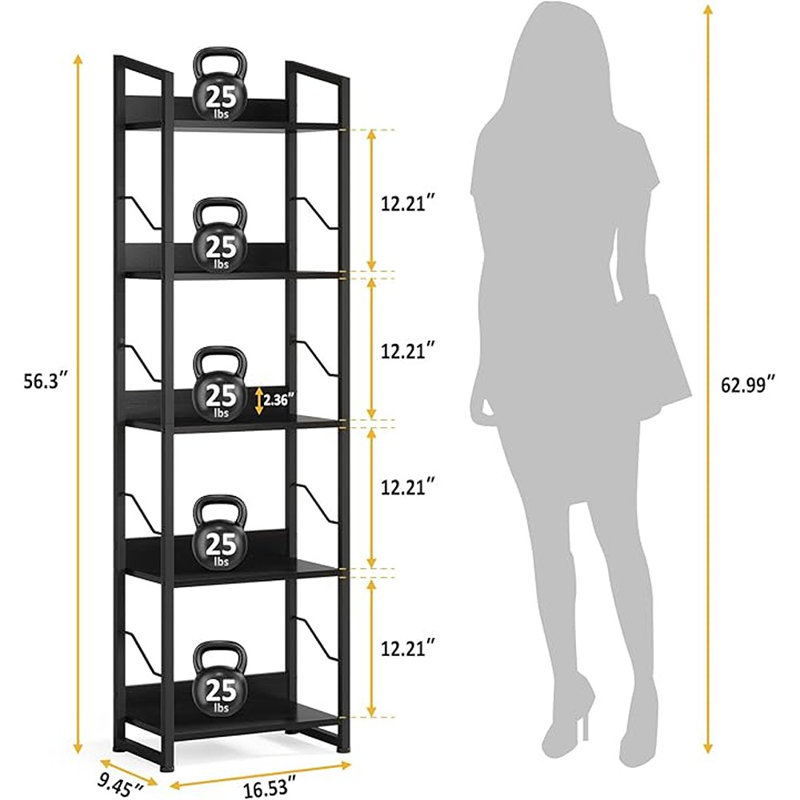 5 Tier Narrow Bookshelf: Tall Bookcase Shelf With Edge Protection, Industrial Modern Bookshelves For Bedroom Living Room Home Office (black)
