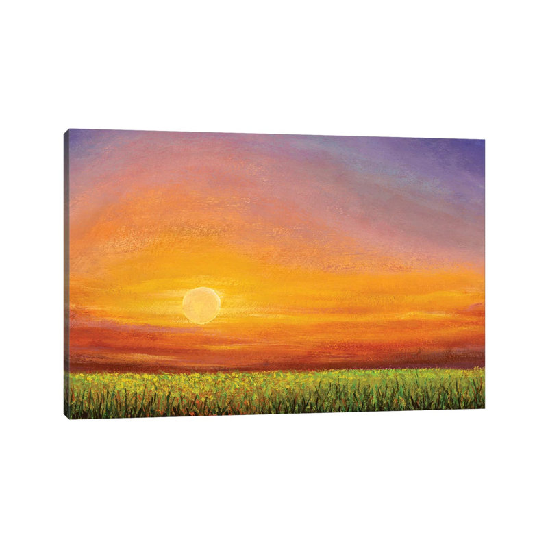 Dawn Sunset Over a Green Field 1 Piece Painting on Canvas, 20.32cm H x 30.48cm W x 1.91cm D, Wrapped Canvas