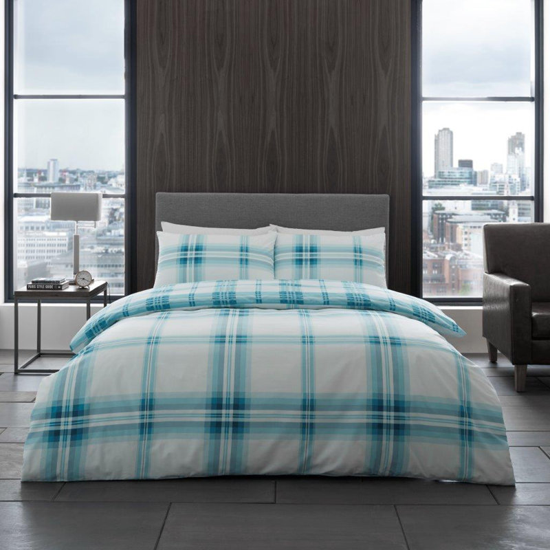 Soft Checked Duvet Cover Set with Pillowcases, Polycotton, Light weight Bedding, Teal, King