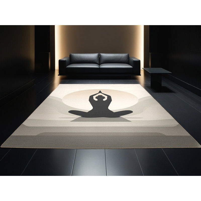 Machine Washable Auburndale Yoga Lotus Pose Minimalist Rug in Beige – Beige Binding, 3x5