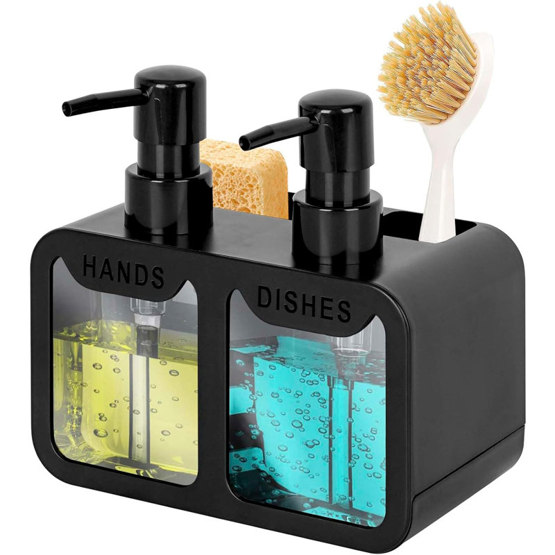 Distributeur de savon à vaisselle et de savon à main pour évier de cuisine, ensemble de distributeur de savon avec support à éponge et porte-brosse, organisateur pour comptoir d'évier de cuisine, noir