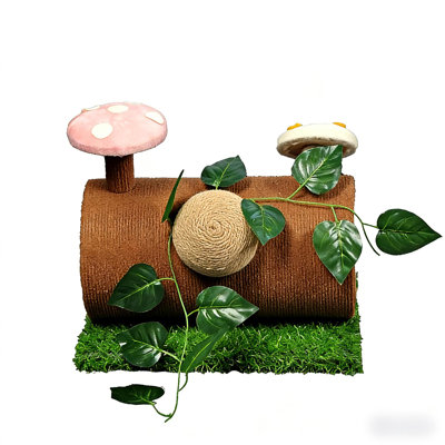 Creative Tree Trunk Shaped Cat Scratcher With Pink & White Mushrooms, Jute Scratching Pad And Realistic Mouse Toy