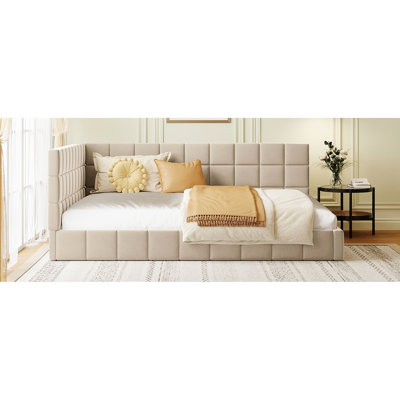 Lit de jour double rembourré en velours beige / - Élégance classique moderne, convient à la maison, avec un cadre de lit à lattes de soutien de style Mid-Century, polyvalent pour le bois et