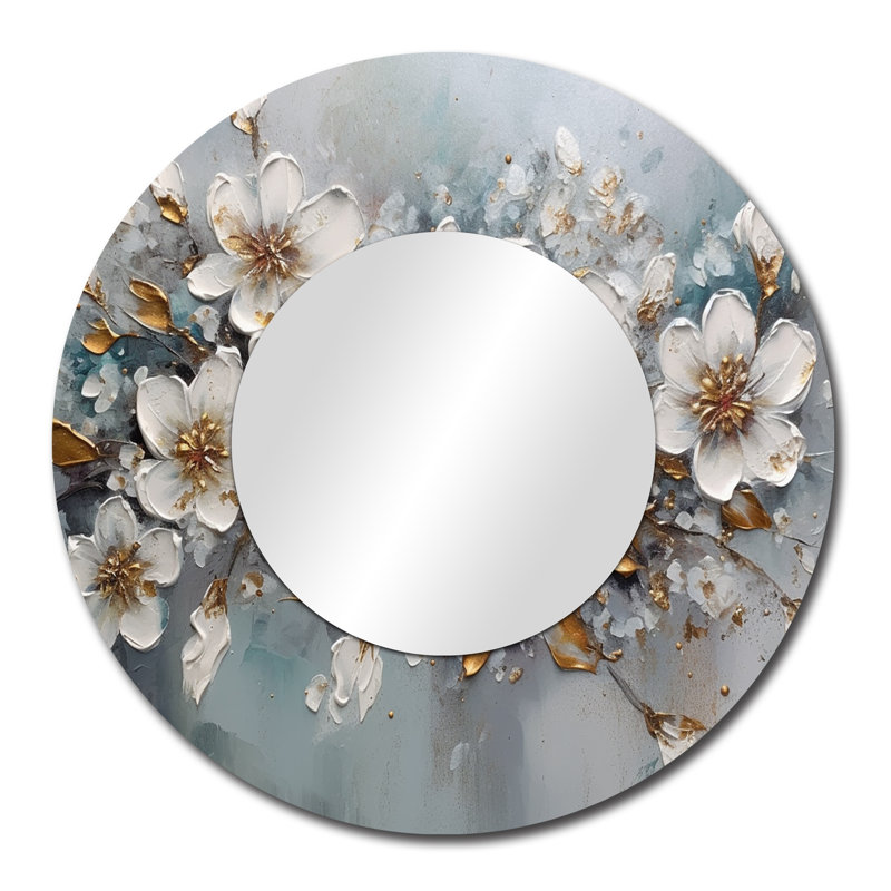 Odilon White And Gold Daisy Symphony III - Daisy Large Mirror, Traditional Round Unique Wall Mirror Decor, Printed Metal Art