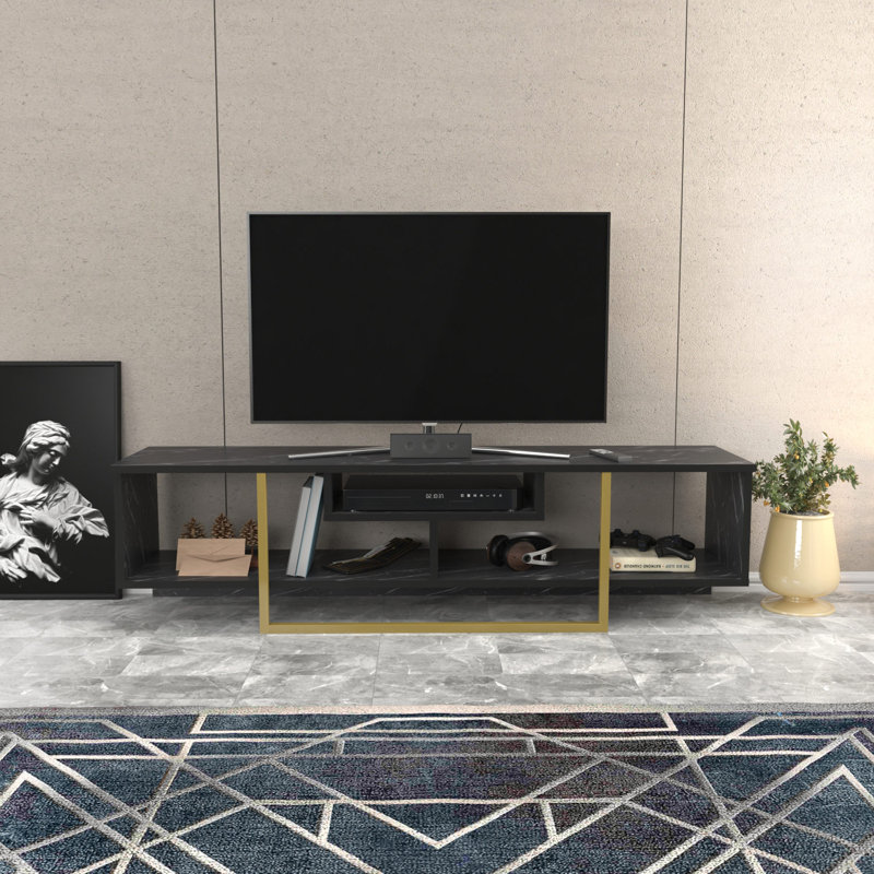 Meuble télé moderne avec finition noire et dorée, 59,1 po x 13,9 po x 15,7 po | 100% panneau de particules enduit de mélamine, épaisseur: 0,7 pouce | Design glamour en marbre, parfait pour le salon et les espaces de divertissement