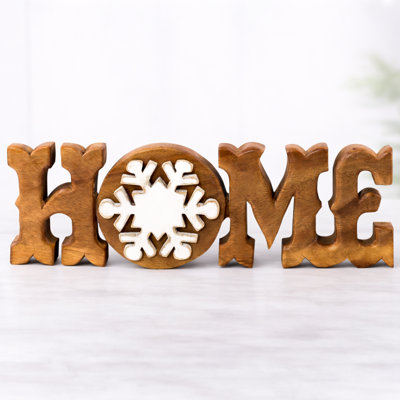 Elegant Handmade Wooden HOME Sculpture with Snowflake – Solid Acacia Wood Christmas & Mother’s Day Gift for Home Decor
