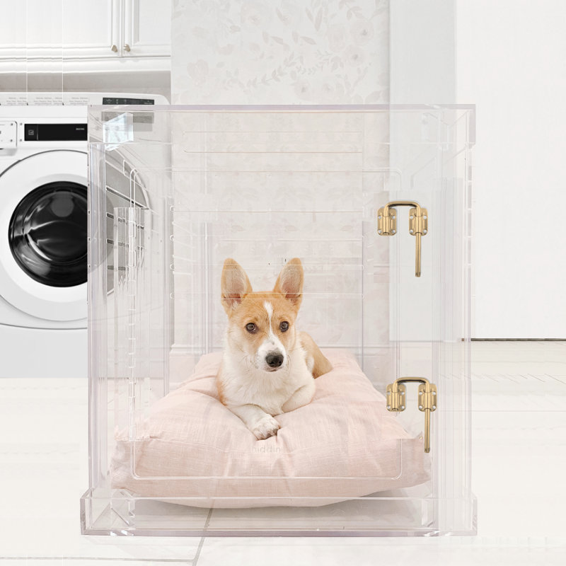 Medium Clear View Pet Crate with Silver Latch, Khaki Cushion, Blush