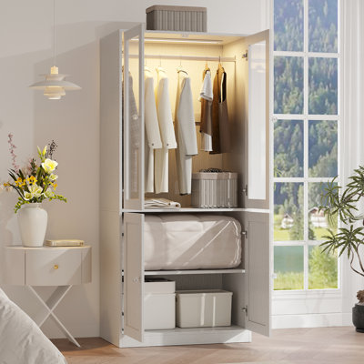 75" H 4-Door Armoire Smart Light, Glass Door Wardrobe, Wooden Wardrobe Closet With Hanging Rod,  And Storage Shelves