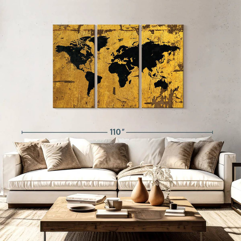 Aliaz Black On Gold World Map, 48" H x 74" W