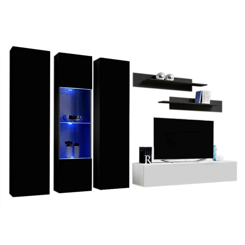 Vong 120" Modern Floating Wall Mounted Entertainment Center with 16-Color LED Lighting, High Gloss Finish, Black/White
