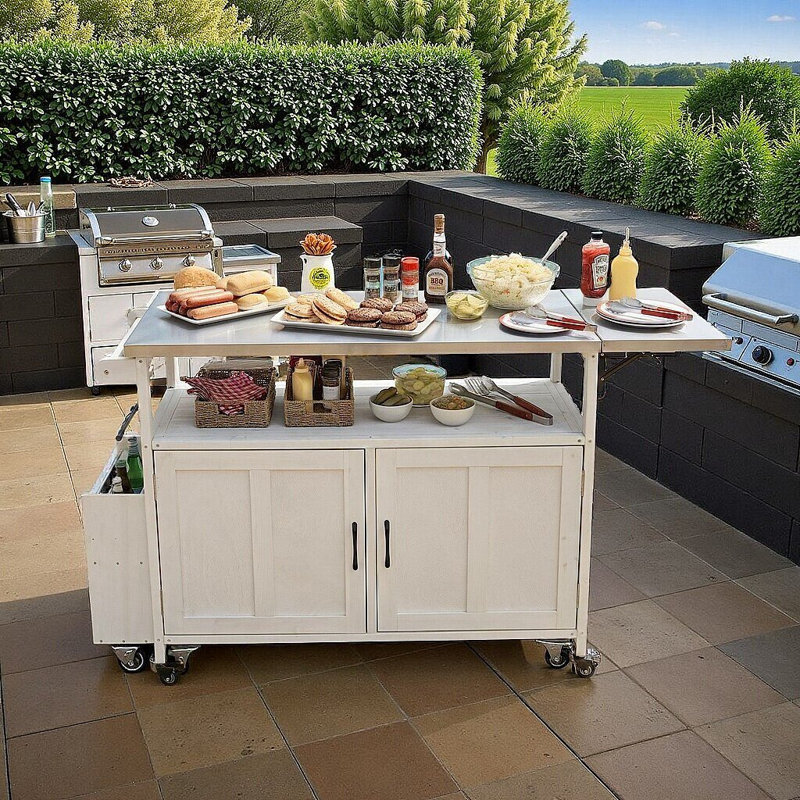 Îlot de cuisine extérieur pliable UnaLuz avec plateau en acier inoxydable, armoire de rangement et roues verrouillables